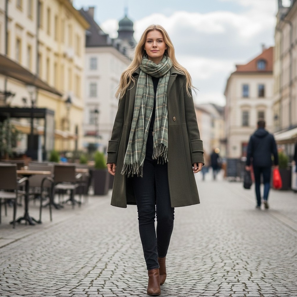 Kenneth Cole New York Women Olive Green Wool Blend Coat Scarf Set Size 8